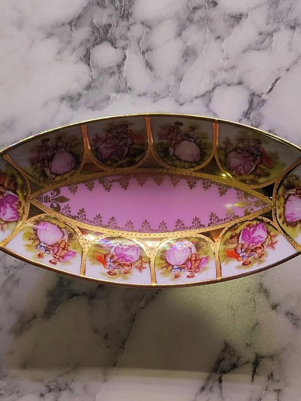 Alt Wien Porcelain Oval Bowl Pink Gold Victorian Romantic Couple Scenes